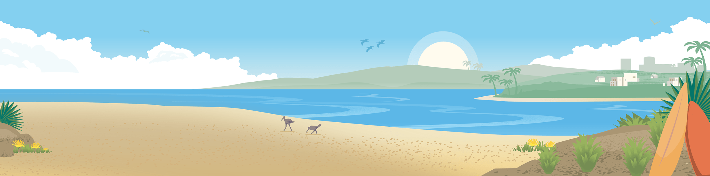 Illustrated beach shoreline at golden hour
