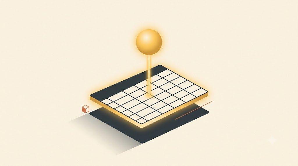A glowing map pin standing on an isometric spreadsheet grid