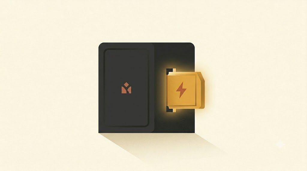 A glowing module snapping into a device like a power cell